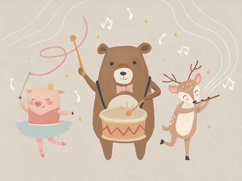 A joyous forest band with a drumming bear, violin-playing deer and dancing pig creates music in soft grey-brown tones, from the Little Tails Collection by Urban Road.