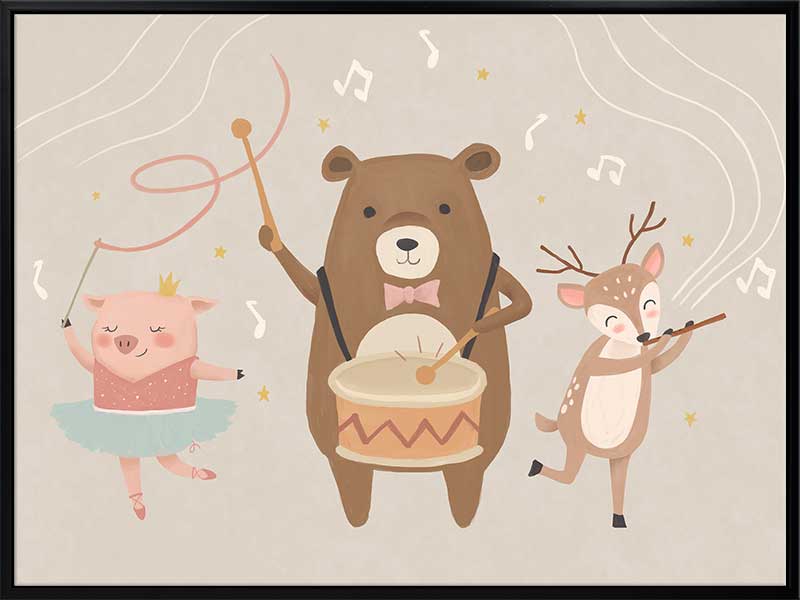 A joyous forest band with a drumming bear, violin-playing deer and dancing pig creates music in soft grey-brown tones, from the Little Tails Collection by Urban Road.