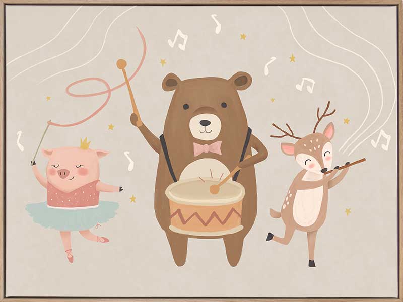A joyous forest band with a drumming bear, violin-playing deer and dancing pig creates music in soft grey-brown tones, from the Little Tails Collection by Urban Road.
