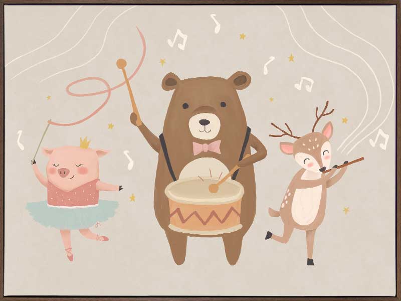 A joyous forest band with a drumming bear, violin-playing deer and dancing pig creates music in soft grey-brown tones, from the Little Tails Collection by Urban Road.