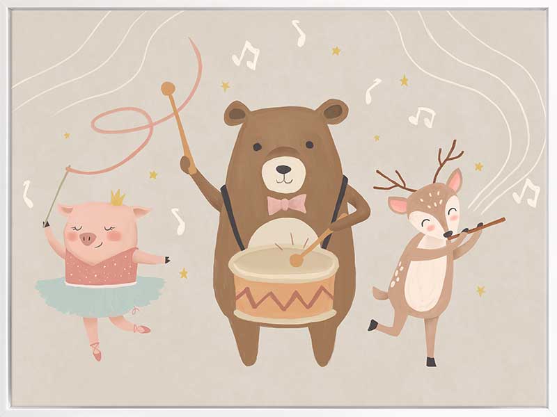 A joyous forest band with a drumming bear, violin-playing deer and dancing pig creates music in soft grey-brown tones, from the Little Tails Collection by Urban Road.