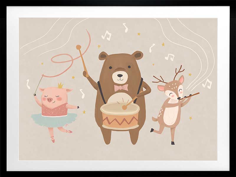A joyous forest band with a drumming bear, violin-playing deer and dancing pig creates music in soft grey-brown tones, from the Little Tails Collection by Urban Road.