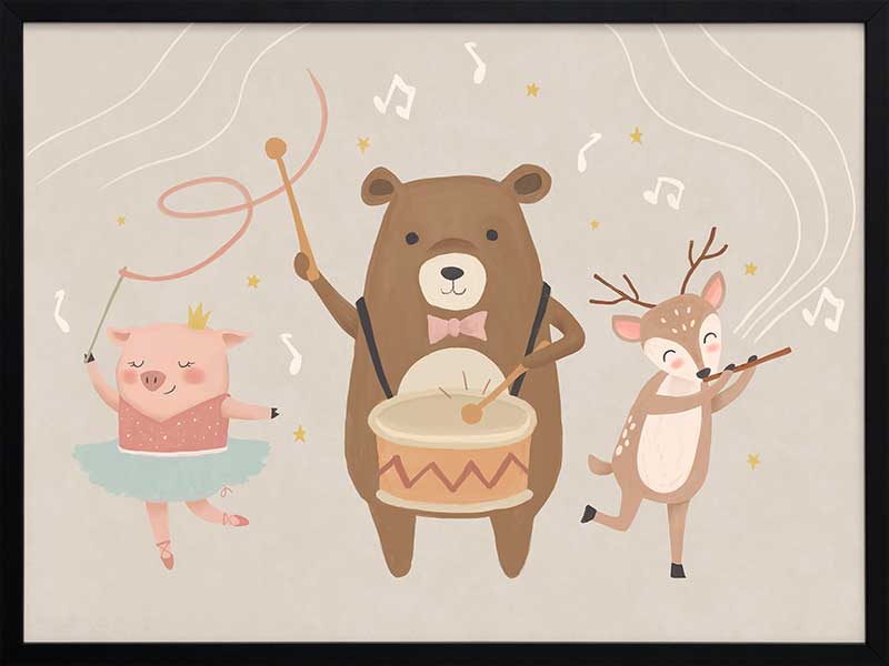 A joyous forest band with a drumming bear, violin-playing deer and dancing pig creates music in soft grey-brown tones, from the Little Tails Collection by Urban Road.