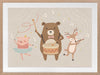 A joyous forest band with a drumming bear, violin-playing deer and dancing pig creates music in soft grey-brown tones, from the Little Tails Collection by Urban Road.
