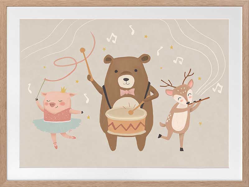 A joyous forest band with a drumming bear, violin-playing deer and dancing pig creates music in soft grey-brown tones, from the Little Tails Collection by Urban Road.