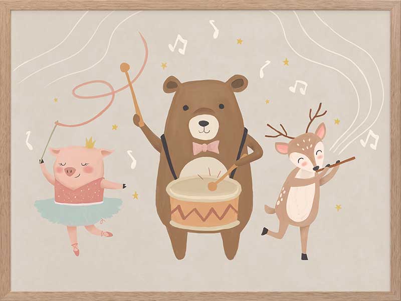 A joyous forest band with a drumming bear, violin-playing deer and dancing pig creates music in soft grey-brown tones, from the Little Tails Collection by Urban Road.
