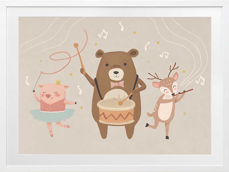 A joyous forest band with a drumming bear, violin-playing deer and dancing pig creates music in soft grey-brown tones, from the Little Tails Collection by Urban Road.