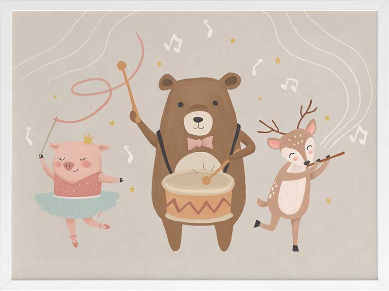 A joyous forest band with a drumming bear, violin-playing deer and dancing pig creates music in soft grey-brown tones, from the Little Tails Collection by Urban Road.