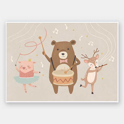 A joyous forest band with a drumming bear, violin-playing deer and dancing pig creates music in soft grey-brown tones, from the Little Tails Collection by Urban Road.