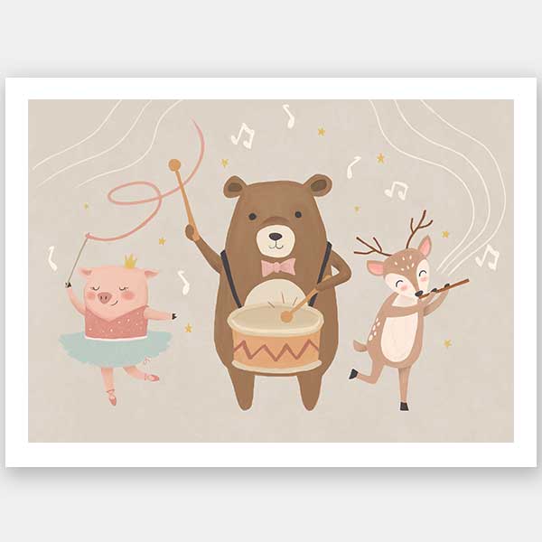 A joyous forest band with a drumming bear, violin-playing deer and dancing pig creates music in soft grey-brown tones, from the Little Tails Collection by Urban Road.
