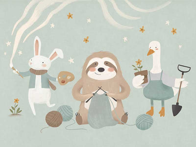 A cosy club of creatures—a knitting sloth, gardening goose and painting bunny—gather under tiny stars in soft blues and browns, from the Little Tails Collection by Urban Road.