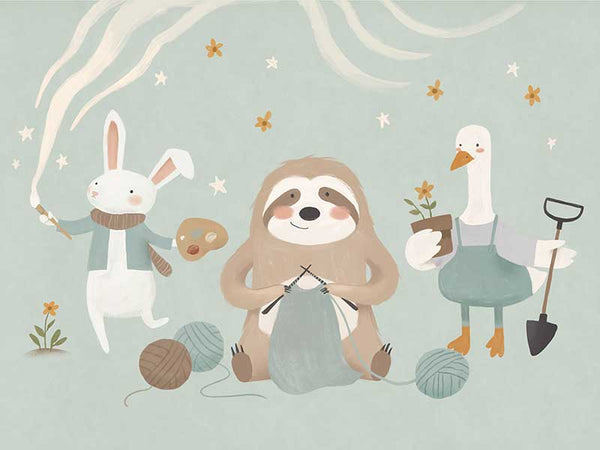 A cosy club of creatures—a knitting sloth, gardening goose and painting bunny—gather under tiny stars in soft blues and browns, from the Little Tails Collection by Urban Road.