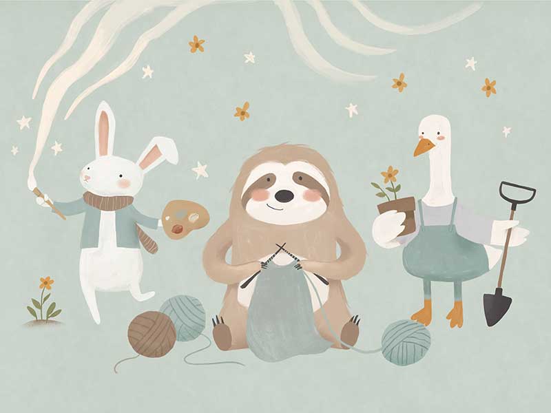 A cosy club of creatures—a knitting sloth, gardening goose and painting bunny—gather under tiny stars in soft blues and browns, from the Little Tails Collection by Urban Road.
