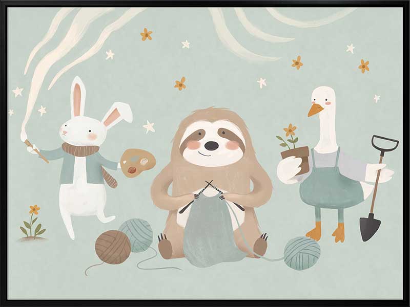 A cosy club of creatures—a knitting sloth, gardening goose and painting bunny—gather under tiny stars in soft blues and browns, from the Little Tails Collection by Urban Road.