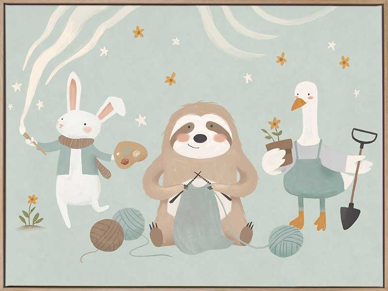 A cosy club of creatures—a knitting sloth, gardening goose and painting bunny—gather under tiny stars in soft blues and browns, from the Little Tails Collection by Urban Road.