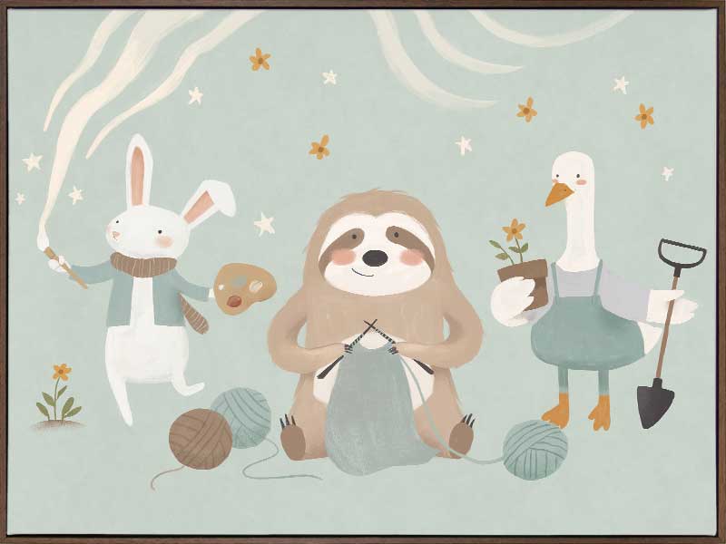 A cosy club of creatures—a knitting sloth, gardening goose and painting bunny—gather under tiny stars in soft blues and browns, from the Little Tails Collection by Urban Road.