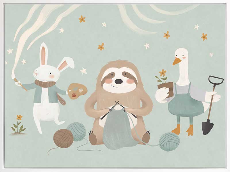 A cosy club of creatures—a knitting sloth, gardening goose and painting bunny—gather under tiny stars in soft blues and browns, from the Little Tails Collection by Urban Road.