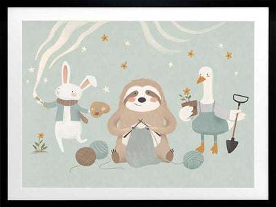 A cosy club of creatures—a knitting sloth, gardening goose and painting bunny—gather under tiny stars in soft blues and browns, from the Little Tails Collection by Urban Road.