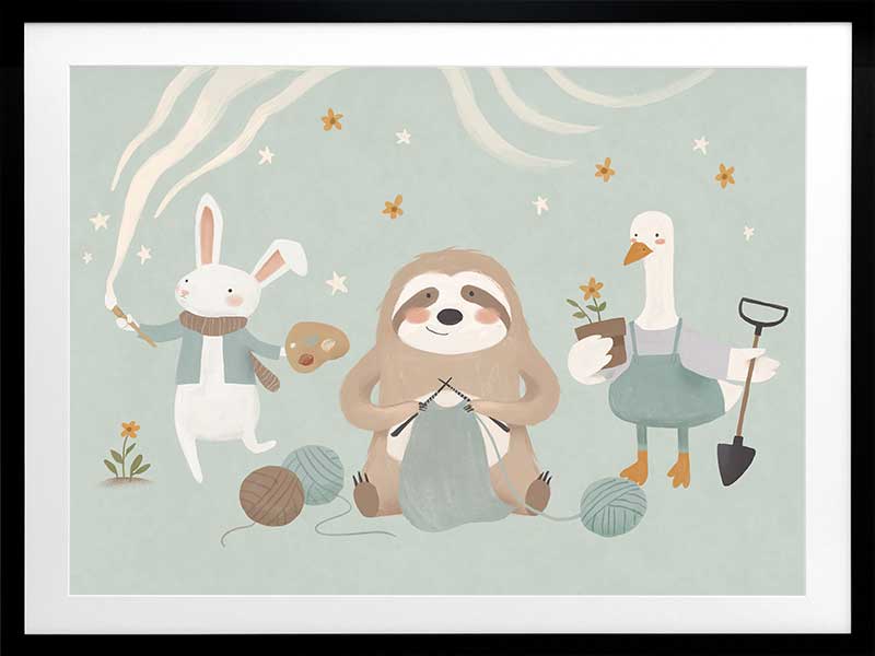 A cosy club of creatures—a knitting sloth, gardening goose and painting bunny—gather under tiny stars in soft blues and browns, from the Little Tails Collection by Urban Road.