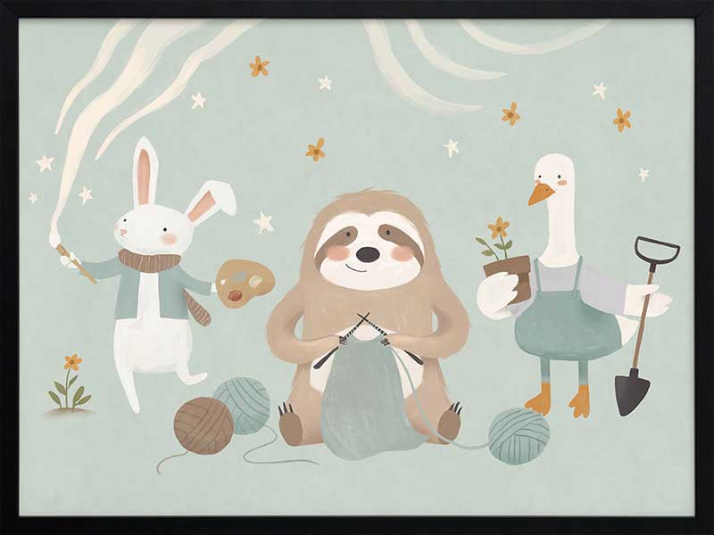 A cosy club of creatures—a knitting sloth, gardening goose and painting bunny—gather under tiny stars in soft blues and browns, from the Little Tails Collection by Urban Road.