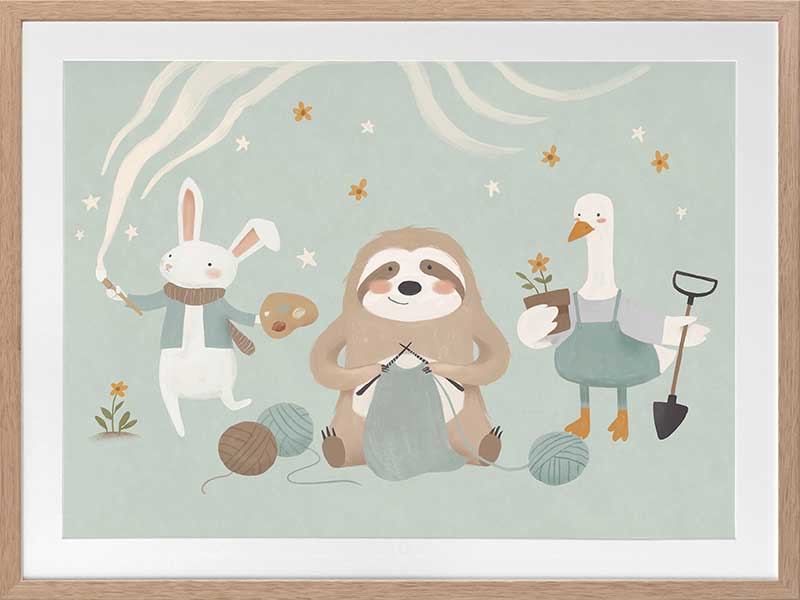 A cosy club of creatures—a knitting sloth, gardening goose and painting bunny—gather under tiny stars in soft blues and browns, from the Little Tails Collection by Urban Road.