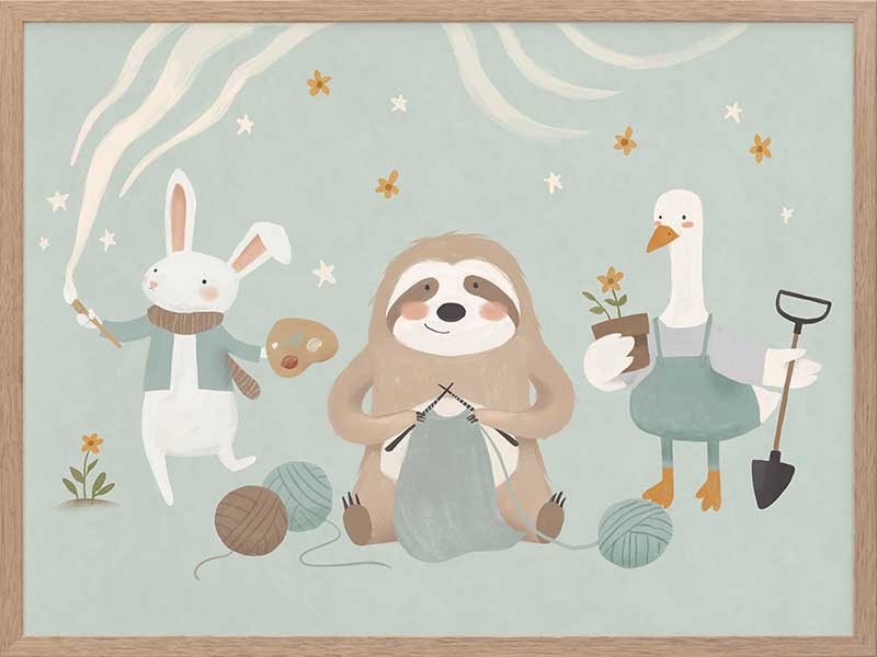 A cosy club of creatures—a knitting sloth, gardening goose and painting bunny—gather under tiny stars in soft blues and browns, from the Little Tails Collection by Urban Road.