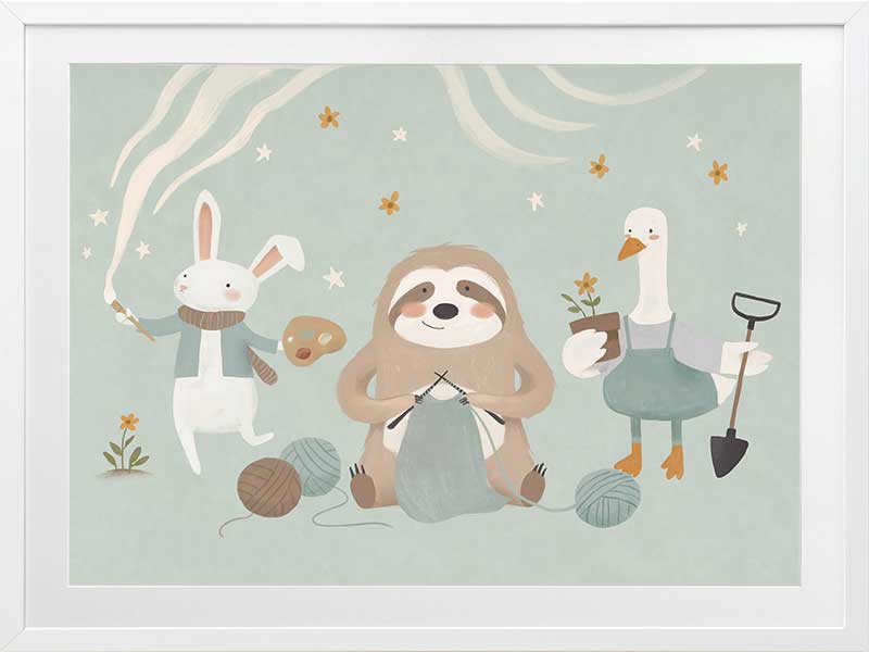 A cosy club of creatures—a knitting sloth, gardening goose and painting bunny—gather under tiny stars in soft blues and browns, from the Little Tails Collection by Urban Road.