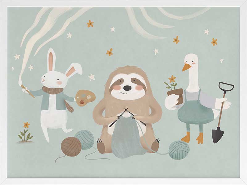 A cosy club of creatures—a knitting sloth, gardening goose and painting bunny—gather under tiny stars in soft blues and browns, from the Little Tails Collection by Urban Road.
