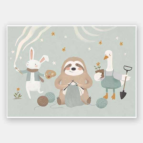A cosy club of creatures—a knitting sloth, gardening goose and painting bunny—gather under tiny stars in soft blues and browns, from the Little Tails Collection by Urban Road.