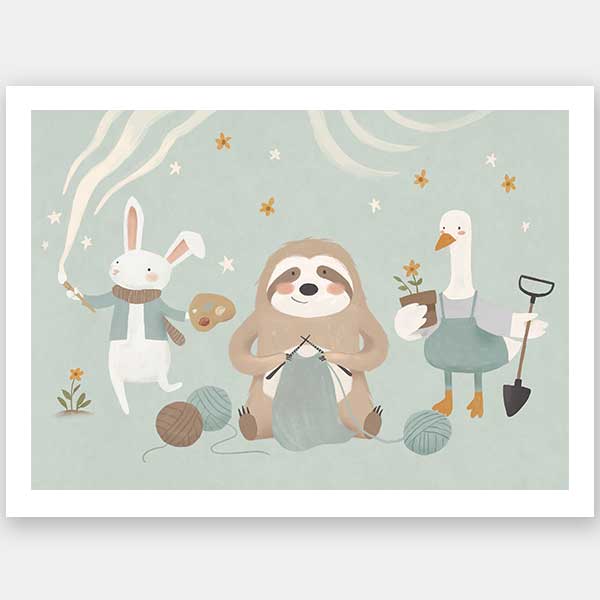 A cosy club of creatures—a knitting sloth, gardening goose and painting bunny—gather under tiny stars in soft blues and browns, from the Little Tails Collection by Urban Road.