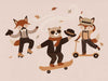 Dapper woodland animals dance, skate and scooter to the music among drifting leaves in pink and orange tones, from the Little Tails Collection by Urban Road.