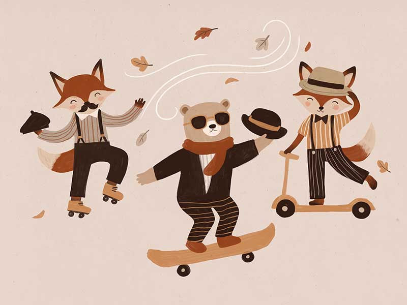 Dapper woodland animals dance, skate and scooter to the music among drifting leaves in pink and orange tones, from the Little Tails Collection by Urban Road.