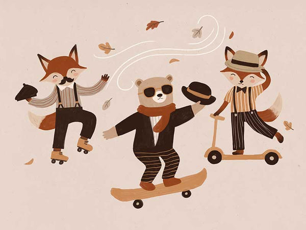 Dapper woodland animals dance, skate and scooter to the music among drifting leaves in pink and orange tones, from the Little Tails Collection by Urban Road.