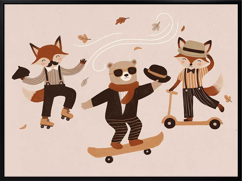 Dapper woodland animals dance, skate and scooter to the music among drifting leaves in pink and orange tones, from the Little Tails Collection by Urban Road.
