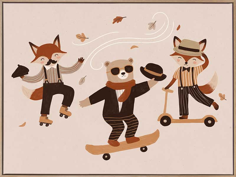 Dapper woodland animals dance, skate and scooter to the music among drifting leaves in pink and orange tones, from the Little Tails Collection by Urban Road.