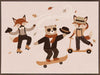 Dapper woodland animals dance, skate and scooter to the music among drifting leaves in pink and orange tones, from the Little Tails Collection by Urban Road.