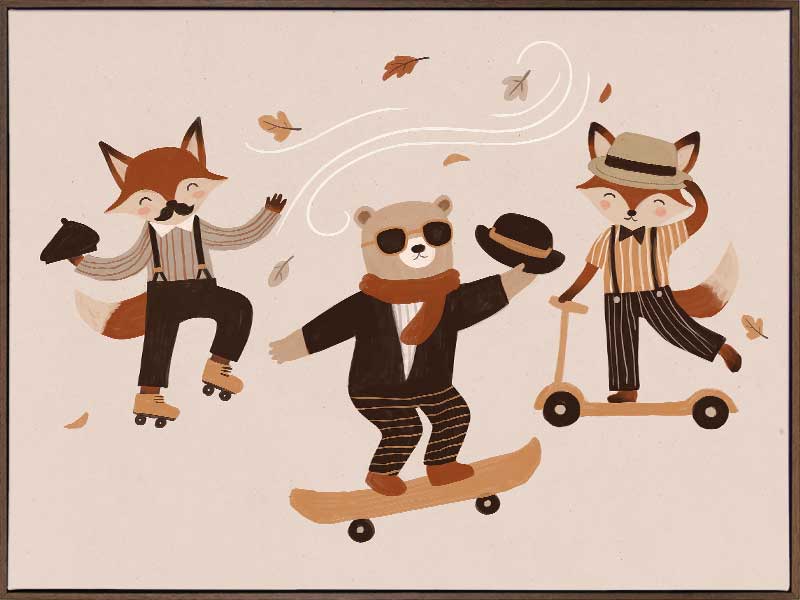 Dapper woodland animals dance, skate and scooter to the music among drifting leaves in pink and orange tones, from the Little Tails Collection by Urban Road.
