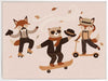 Dapper woodland animals dance, skate and scooter to the music among drifting leaves in pink and orange tones, from the Little Tails Collection by Urban Road.