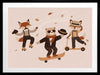 Dapper woodland animals dance, skate and scooter to the music among drifting leaves in pink and orange tones, from the Little Tails Collection by Urban Road.