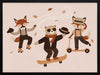 Dapper woodland animals dance, skate and scooter to the music among drifting leaves in pink and orange tones, from the Little Tails Collection by Urban Road.