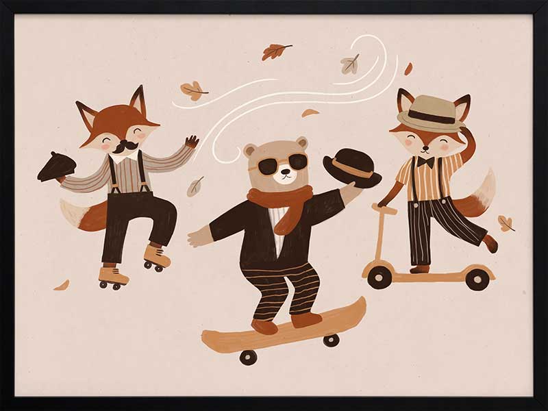 Dapper woodland animals dance, skate and scooter to the music among drifting leaves in pink and orange tones, from the Little Tails Collection by Urban Road.