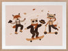 Dapper woodland animals dance, skate and scooter to the music among drifting leaves in pink and orange tones, from the Little Tails Collection by Urban Road.
