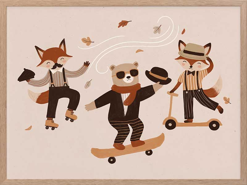 Dapper woodland animals dance, skate and scooter to the music among drifting leaves in pink and orange tones, from the Little Tails Collection by Urban Road.