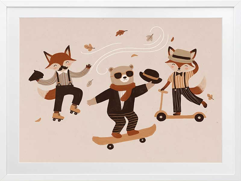 Dapper woodland animals dance, skate and scooter to the music among drifting leaves in pink and orange tones, from the Little Tails Collection by Urban Road.