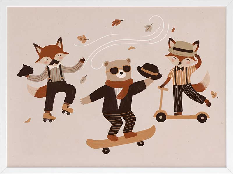 Dapper woodland animals dance, skate and scooter to the music among drifting leaves in pink and orange tones, from the Little Tails Collection by Urban Road.
