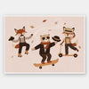 Dapper woodland animals dance, skate and scooter to the music among drifting leaves in pink and orange tones, from the Little Tails Collection by Urban Road.