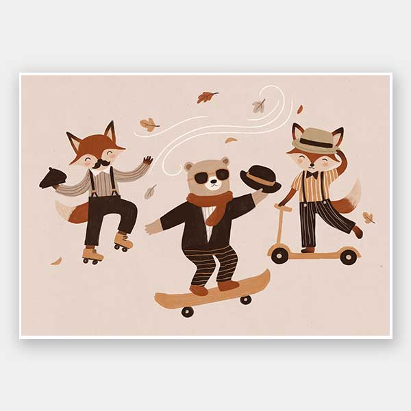 Dapper woodland animals dance, skate and scooter to the music among drifting leaves in pink and orange tones, from the Little Tails Collection by Urban Road.