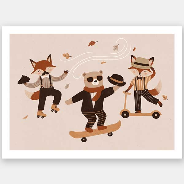 Dapper woodland animals dance, skate and scooter to the music among drifting leaves in pink and orange tones, from the Little Tails Collection by Urban Road.