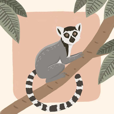 Whimsical illustration of a lemur perched on a tree branch with soft leaves and a blush backdrop, from the Little Tails Collection by Urban Road.