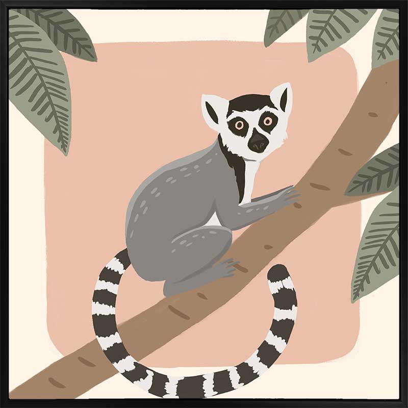 Whimsical illustration of a lemur perched on a tree branch with soft leaves and a blush backdrop, from the Little Tails Collection by Urban Road.